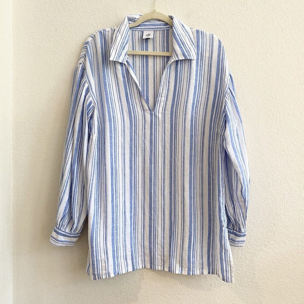 Cabi Pacific‎ Linen Blue White Blend Long Sleeve Top Womens Medium